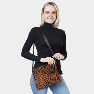 Brown Leopard Print Tassel Crossbody / Clutch Bag